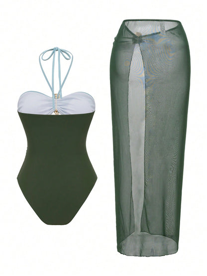 Swim Oasis 2pcs Set Women's Solid Color Metal Accent Hollow Out Halter Onepiece Swimsuit & Mesh Coverup Skirt Beach Suit For Summer Beach Vacation