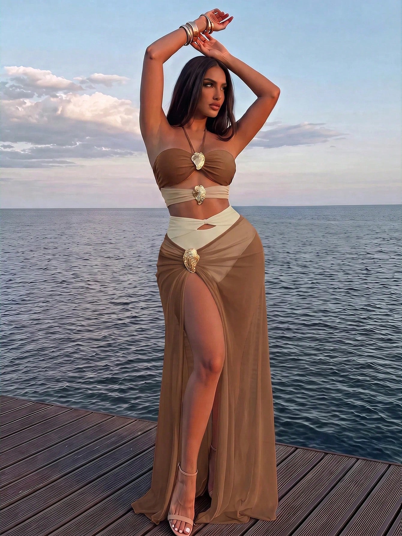 Swim Oasis 2pcs Set Women's Solid Color Metal Accent Hollow Out Halter Onepiece Swimsuit & Mesh Coverup Skirt Beach Suit For Summer Beach Vacation