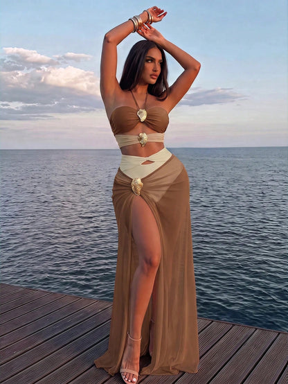 Swim Oasis 2pcs Set Women's Solid Color Metal Accent Hollow Out Halter Onepiece Swimsuit & Mesh Coverup Skirt Beach Suit For Summer Beach Vacation