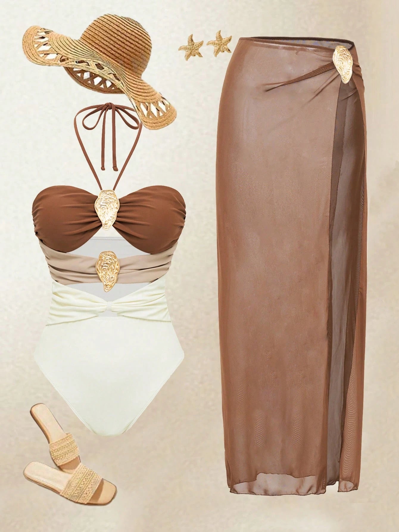Swim Oasis 2pcs Set Women's Solid Color Metal Accent Hollow Out Halter Onepiece Swimsuit & Mesh Coverup Skirt Beach Suit For Summer Beach Vacation