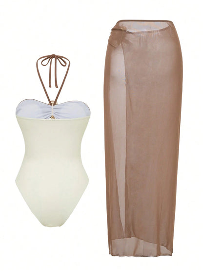 Swim Oasis 2pcs Set Women's Solid Color Metal Accent Hollow Out Halter Onepiece Swimsuit & Mesh Coverup Skirt Beach Suit For Summer Beach Vacation