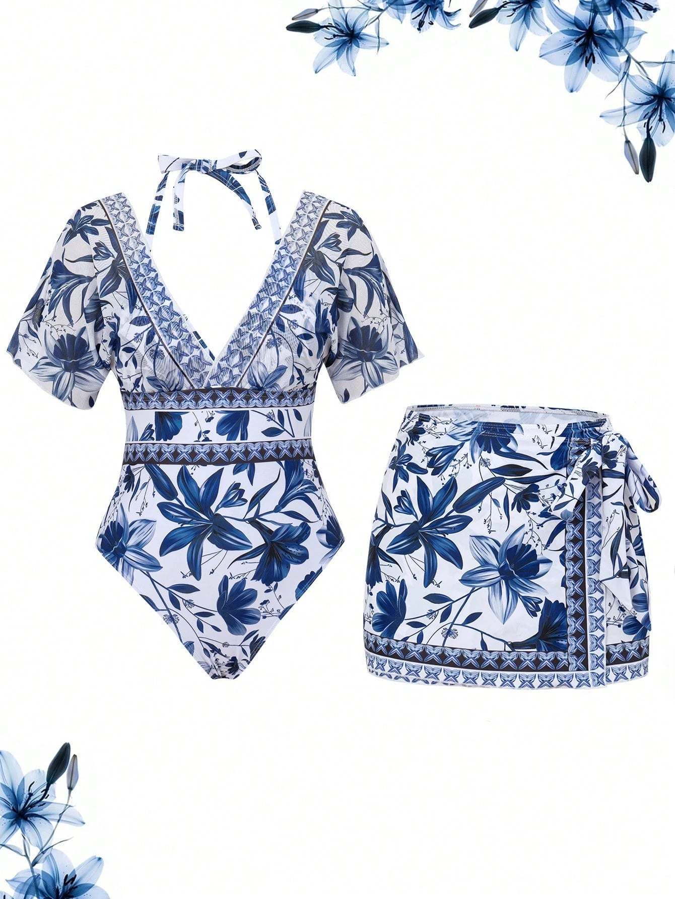 Swim Oasis 2pcs Women's Swimsuit Set,One-Piece Swimsuit With Tie-Waist Skirt,V-Neck Batwing Sleeve,White And Blue Floral,Summer,Boho,Holiday,Vacation,Beach Wear