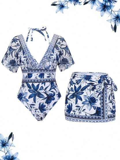 Swim Oasis 2pcs Women's Swimsuit Set,One-Piece Swimsuit With Tie-Waist Skirt,V-Neck Batwing Sleeve,White And Blue Floral,Summer,Boho,Holiday,Vacation,Beach Wear
