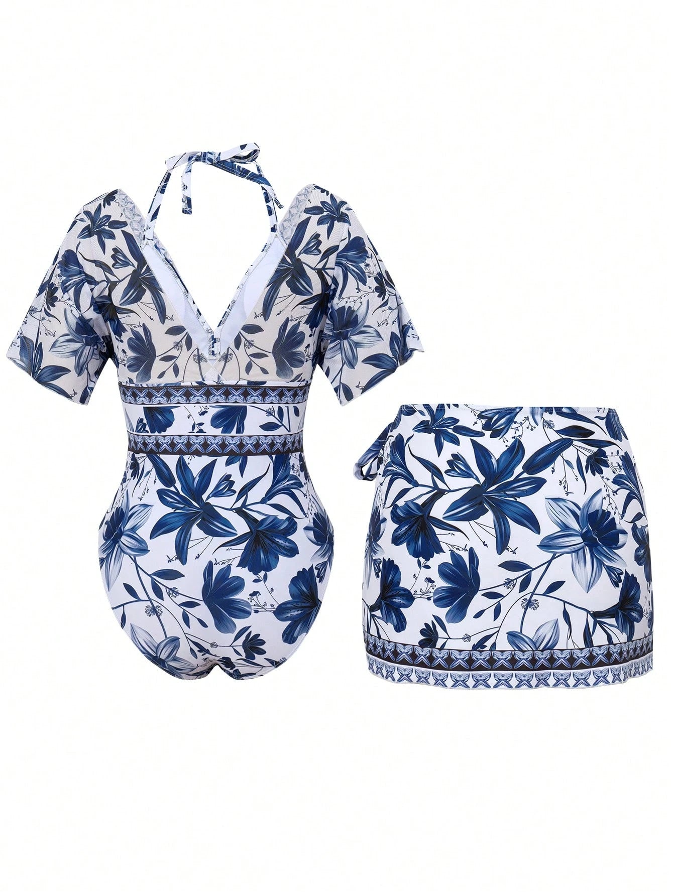 Swim Oasis 2pcs Women's Swimsuit Set,One-Piece Swimsuit With Tie-Waist Skirt,V-Neck Batwing Sleeve,White And Blue Floral,Summer,Boho,Holiday,Vacation,Beach Wear