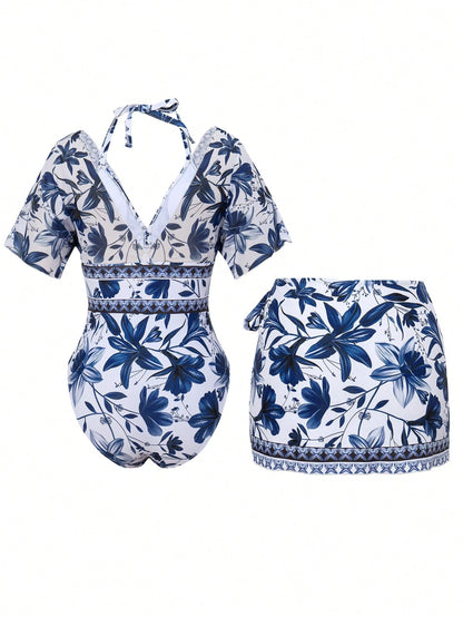 Swim Oasis 2pcs Women's Swimsuit Set,One-Piece Swimsuit With Tie-Waist Skirt,V-Neck Batwing Sleeve,White And Blue Floral,Summer,Boho,Holiday,Vacation,Beach Wear