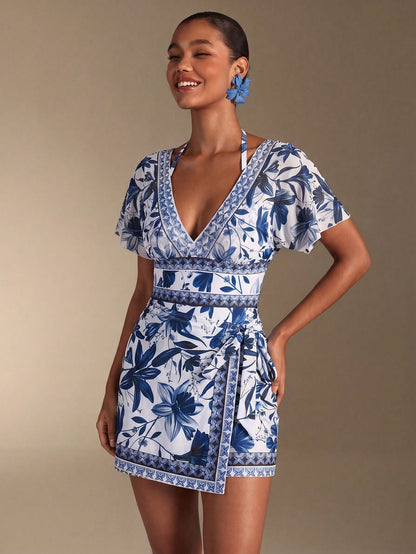 Swim Oasis 2pcs Women's Swimsuit Set,One-Piece Swimsuit With Tie-Waist Skirt,V-Neck Batwing Sleeve,White And Blue Floral,Summer,Boho,Holiday,Vacation,Beach Wear