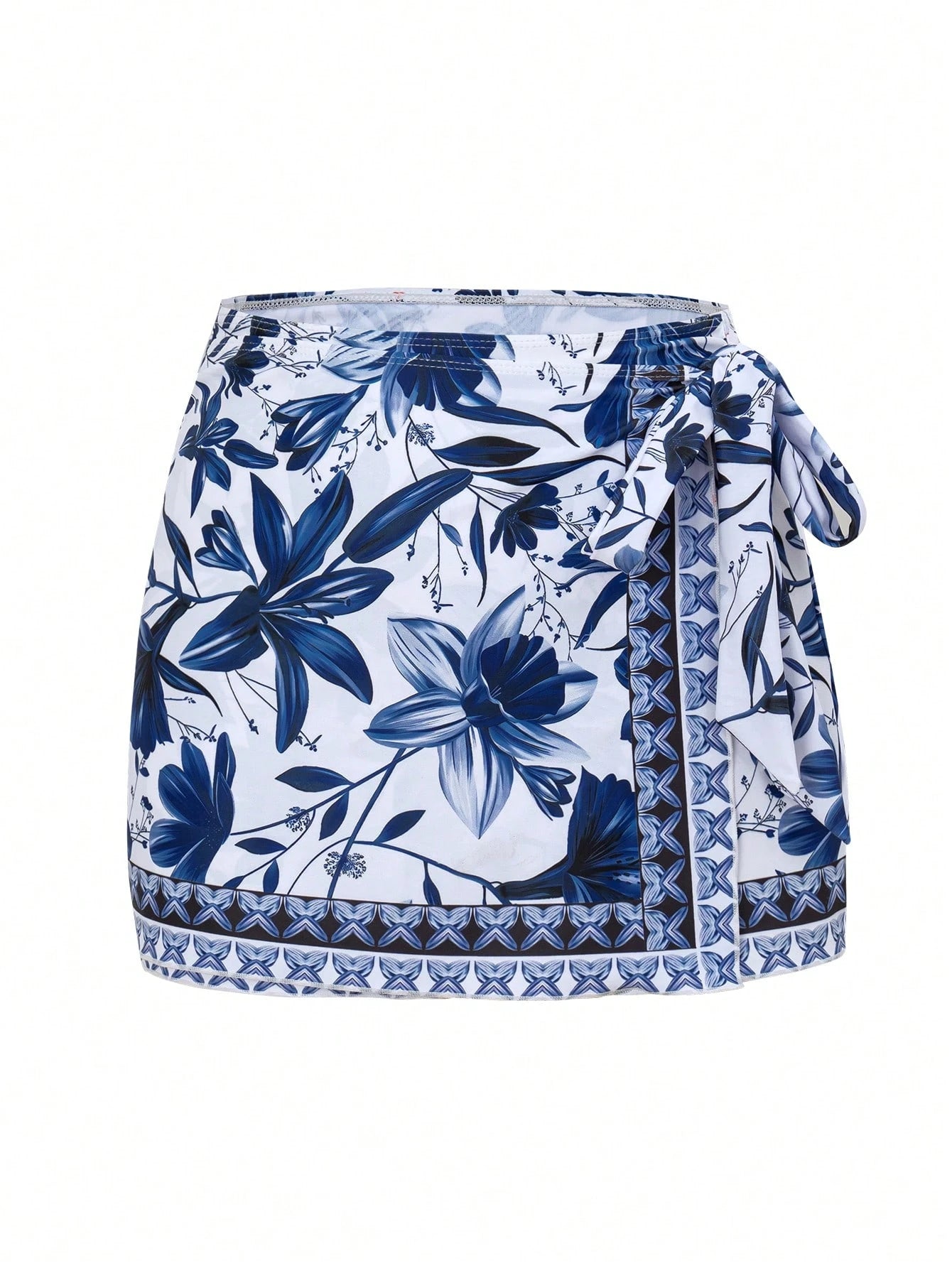 Swim Oasis 2pcs Women's Swimsuit Set,One-Piece Swimsuit With Tie-Waist Skirt,V-Neck Batwing Sleeve,White And Blue Floral,Summer,Boho,Holiday,Vacation,Beach Wear