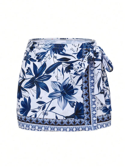 Swim Oasis 2pcs Women's Swimsuit Set,One-Piece Swimsuit With Tie-Waist Skirt,V-Neck Batwing Sleeve,White And Blue Floral,Summer,Boho,Holiday,Vacation,Beach Wear