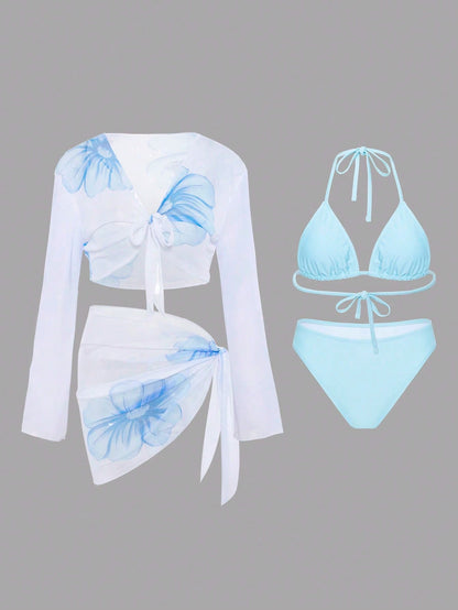 Swim Oasis 4pcs Set New Summer Fashion Tropical Floral Print Bikini Women Beach Vacation Swimsuit Set