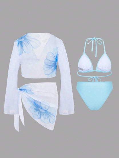 Swim Oasis 4pcs Set New Summer Fashion Tropical Floral Print Bikini Women Beach Vacation Swimsuit Set