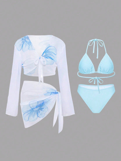 Swim Oasis 4pcs Set New Summer Fashion Tropical Floral Print Bikini Women Beach Vacation Swimsuit Set