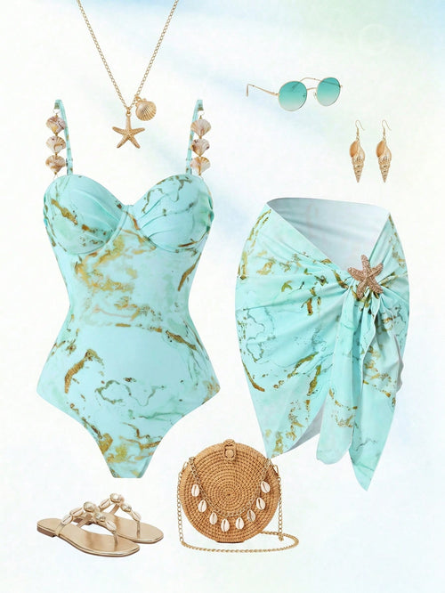 Swim Oasis Baby Blue Summer Casual Beach Holiday Vacation Women's One-Piece Marble Print Steel-Supported Halter Bikini Top+Mini Skirt,Gold Starfish Outfit