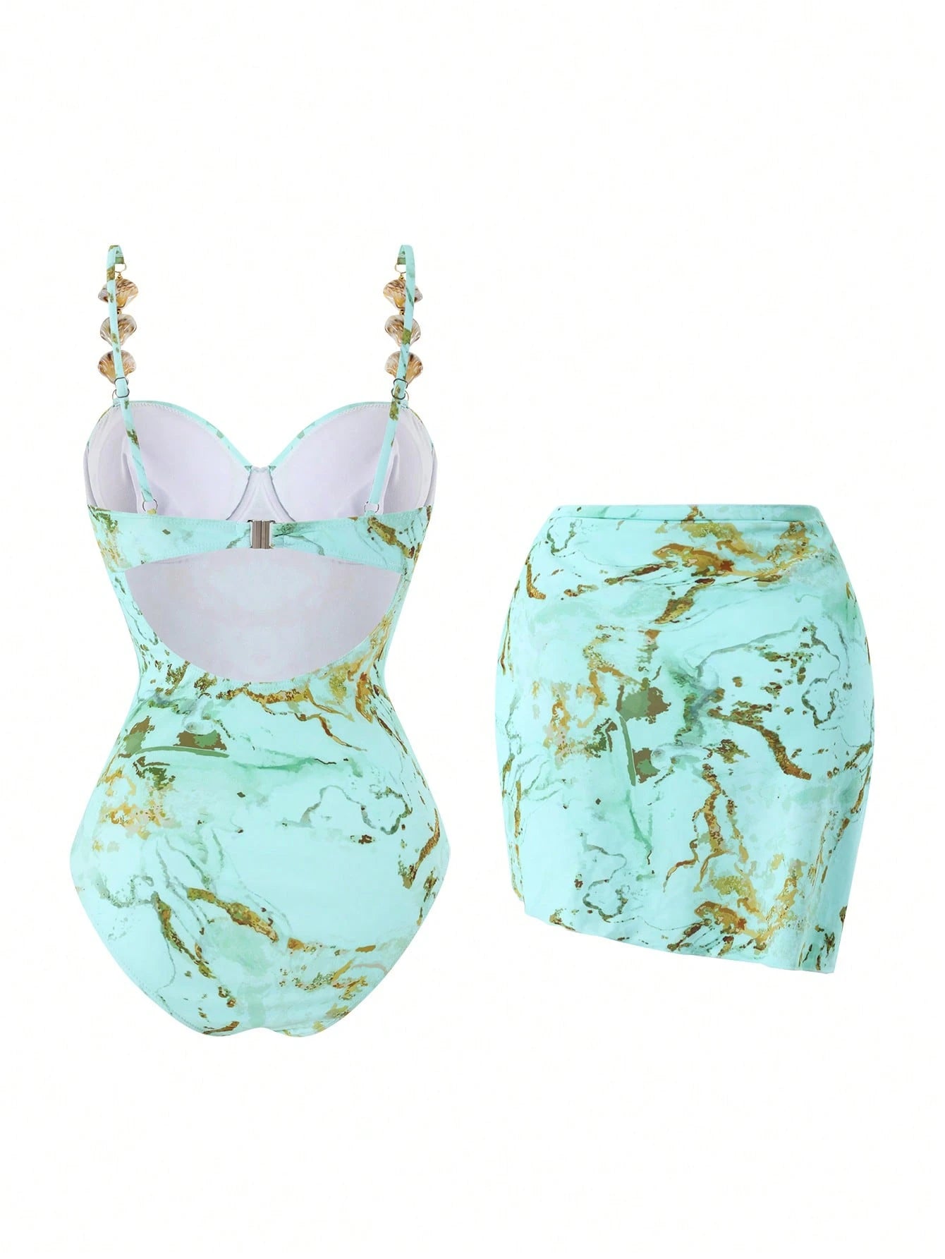 Swim Oasis Baby Blue Summer Casual Beach Holiday Vacation Women's One-Piece Marble Print Steel-Supported Halter Bikini Top+Mini Skirt,Gold Starfish Outfit