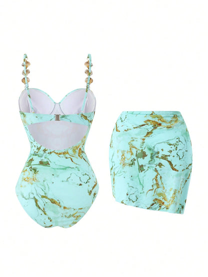 Swim Oasis Baby Blue Summer Casual Beach Holiday Vacation Women's One-Piece Marble Print Steel-Supported Halter Bikini Top+Mini Skirt,Gold Starfish Outfit