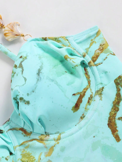Swim Oasis Baby Blue Summer Casual Beach Holiday Vacation Women's One-Piece Marble Print Steel-Supported Halter Bikini Top+Mini Skirt,Gold Starfish Outfit