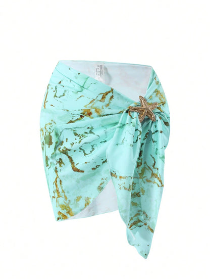 Swim Oasis Baby Blue Summer Casual Beach Holiday Vacation Women's One-Piece Marble Print Steel-Supported Halter Bikini Top+Mini Skirt,Gold Starfish Outfit