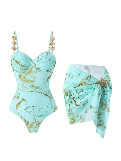 Swim Oasis Baby Blue Summer Casual Beach Holiday Vacation Women's One-Piece Marble Print Steel-Supported Halter Bikini Top+Mini Skirt,Gold Starfish Outfit