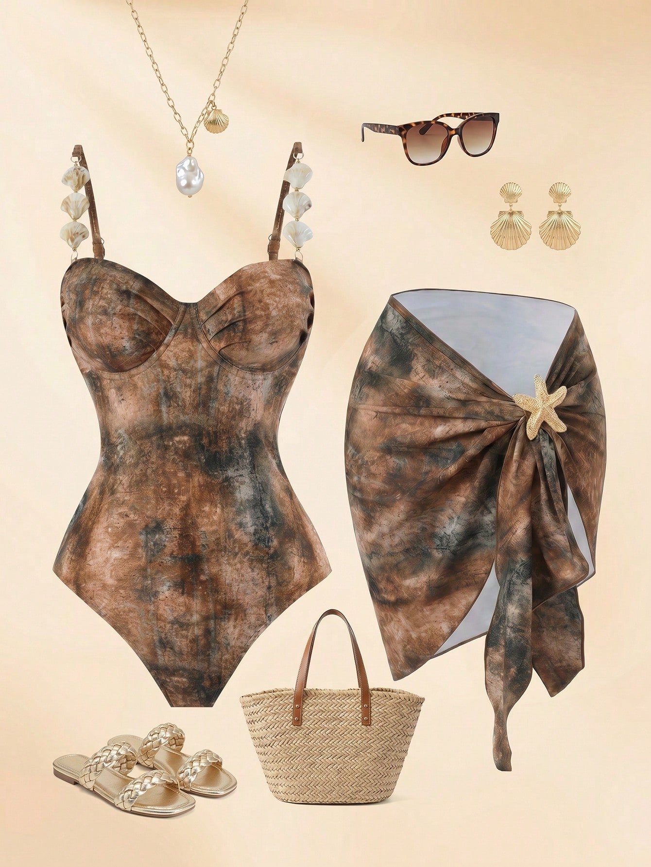 Swim Oasis Baby Blue Summer Casual Beach Holiday Vacation Women's One-Piece Marble Print Steel-Supported Halter Bikini Top+Mini Skirt,Gold Starfish Outfit