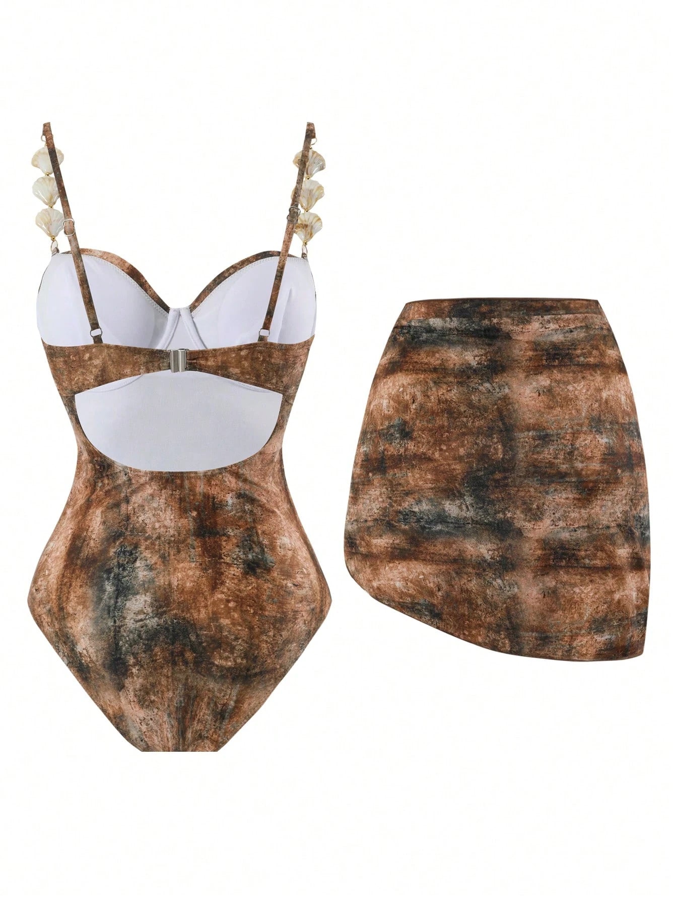 Swim Oasis Baby Blue Summer Casual Beach Holiday Vacation Women's One-Piece Marble Print Steel-Supported Halter Bikini Top+Mini Skirt,Gold Starfish Outfit