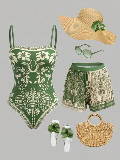 Swim Oasis Bohemian Style, Vacation Vibe, Fun Tropical Plant Prints,Women's Floral Print Vacation Fashion One-Piece Swimsuit With Shorts Set