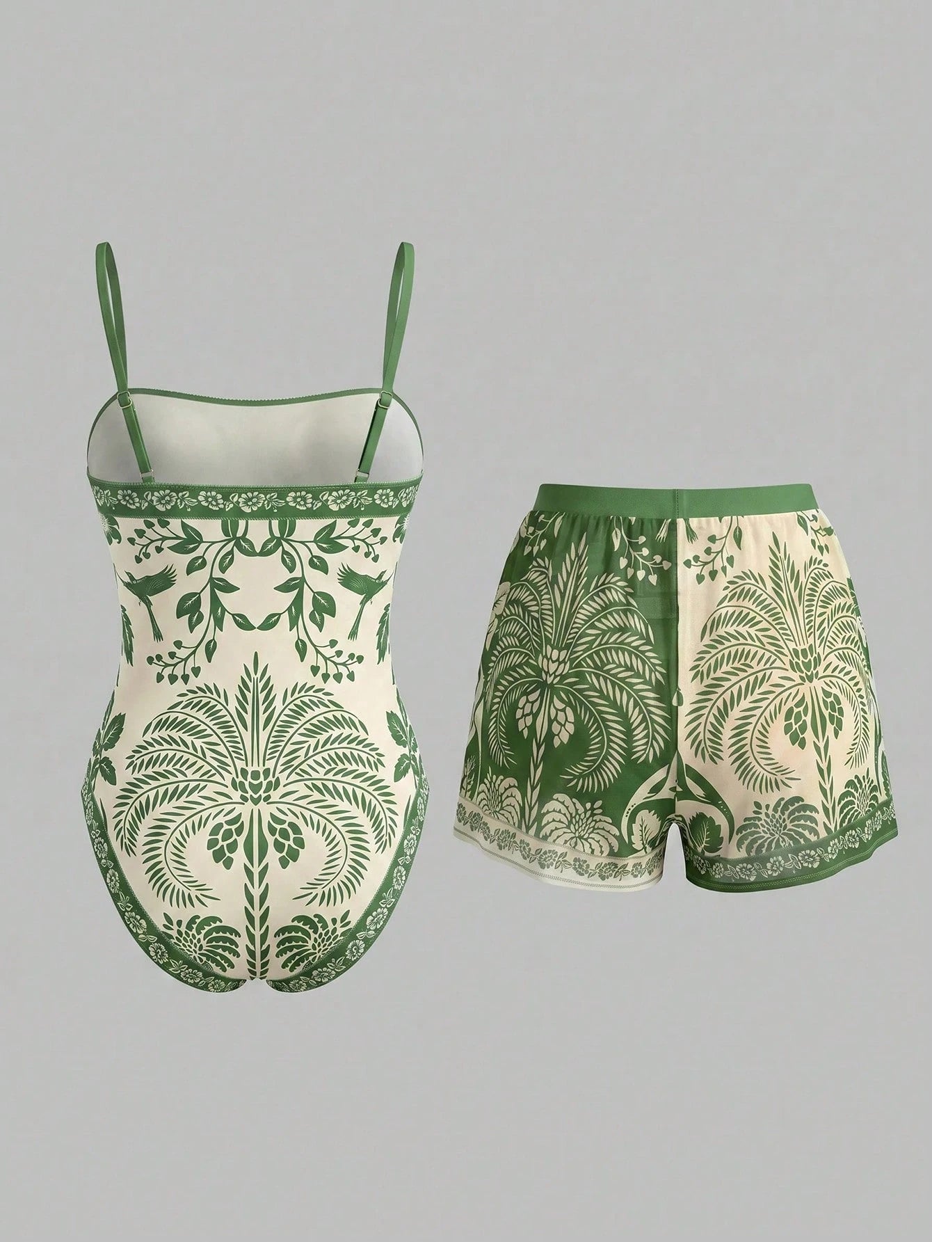 Swim Oasis Bohemian Style, Vacation Vibe, Fun Tropical Plant Prints,Women's Floral Print Vacation Fashion One-Piece Swimsuit With Shorts Set
