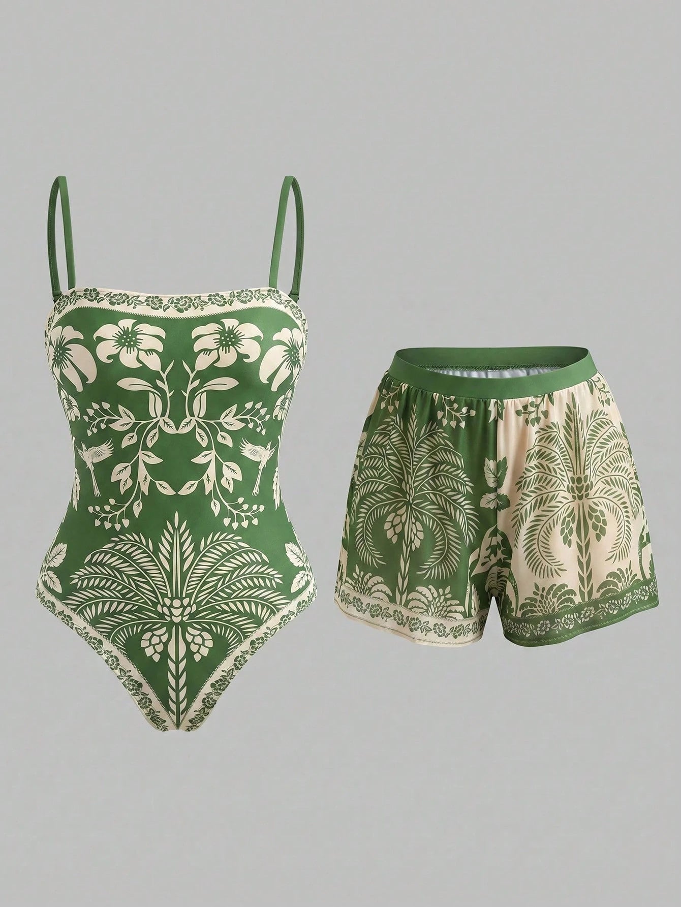 Swim Oasis Bohemian Style, Vacation Vibe, Fun Tropical Plant Prints,Women's Floral Print Vacation Fashion One-Piece Swimsuit With Shorts Set