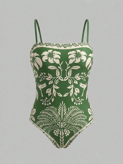 Swim Oasis Bohemian Style, Vacation Vibe, Fun Tropical Plant Prints,Women's Floral Print Vacation Fashion One-Piece Swimsuit With Shorts Set