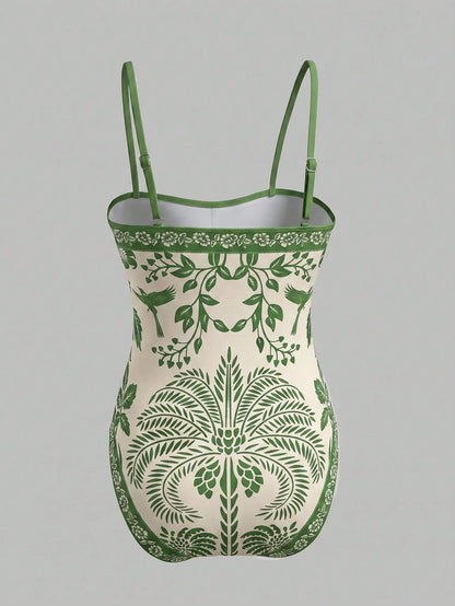 Swim Oasis Bohemian Style, Vacation Vibe, Fun Tropical Plant Prints,Women's Floral Print Vacation Fashion One-Piece Swimsuit With Shorts Set