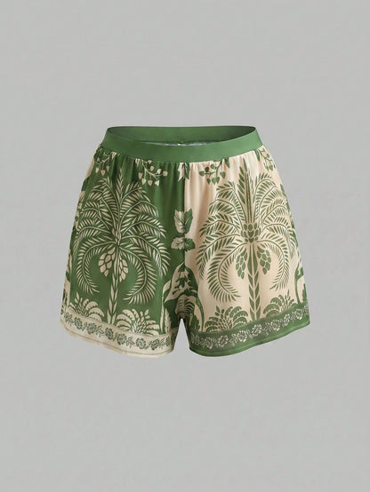 Swim Oasis Bohemian Style, Vacation Vibe, Fun Tropical Plant Prints,Women's Floral Print Vacation Fashion One-Piece Swimsuit With Shorts Set