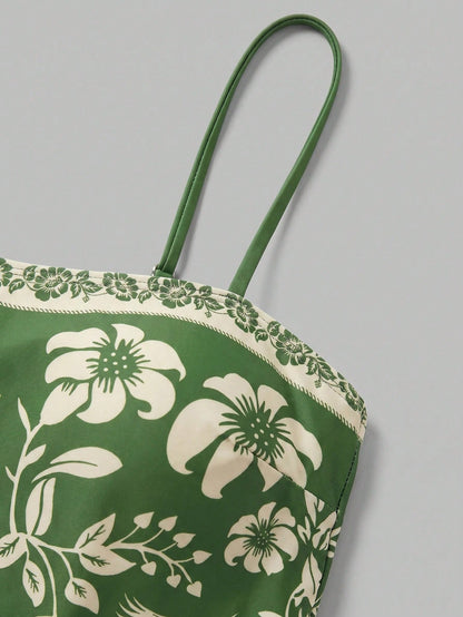 Swim Oasis Bohemian Style, Vacation Vibe, Fun Tropical Plant Prints,Women's Floral Print Vacation Fashion One-Piece Swimsuit With Shorts Set