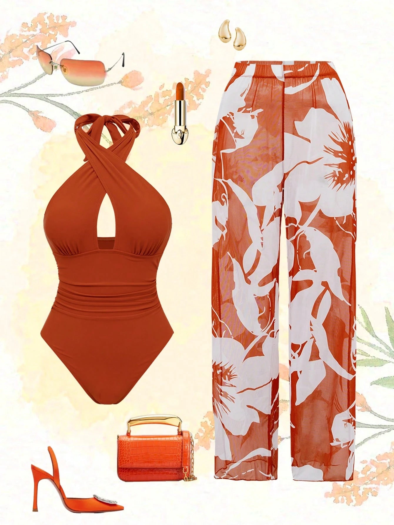 Swim Oasis New Arrival Solid Color Hollow Cross Halter One-Piece Swimsuit With Printed Cover-Up Skirt Beach Set For Women