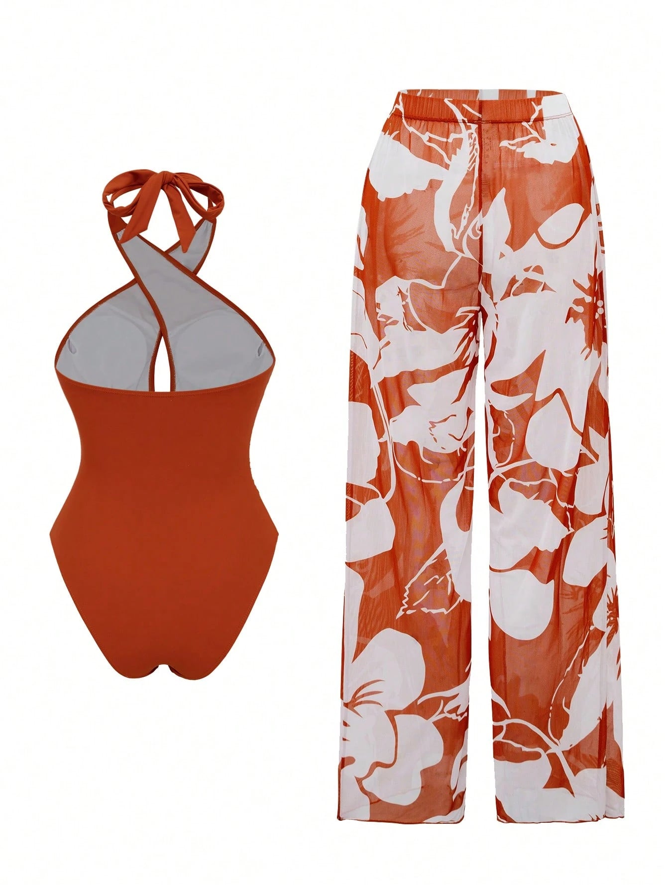 Swim Oasis New Arrival Solid Color Hollow Cross Halter One-Piece Swimsuit With Printed Cover-Up Skirt Beach Set For Women
