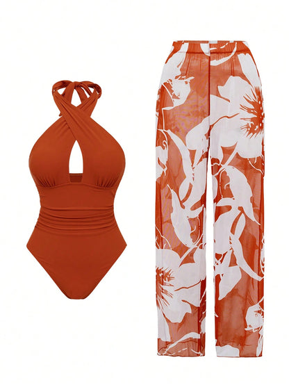Swim Oasis New Arrival Solid Color Hollow Cross Halter One-Piece Swimsuit With Printed Cover-Up Skirt Beach Set For Women