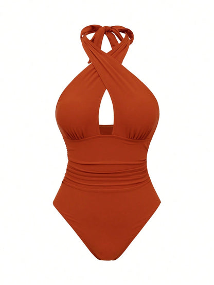 Swim Oasis New Arrival Solid Color Hollow Cross Halter One-Piece Swimsuit With Printed Cover-Up Skirt Beach Set For Women