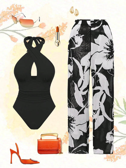 Swim Oasis New Arrival Solid Color Hollow Cross Halter One-Piece Swimsuit With Printed Cover-Up Skirt Beach Set For Women