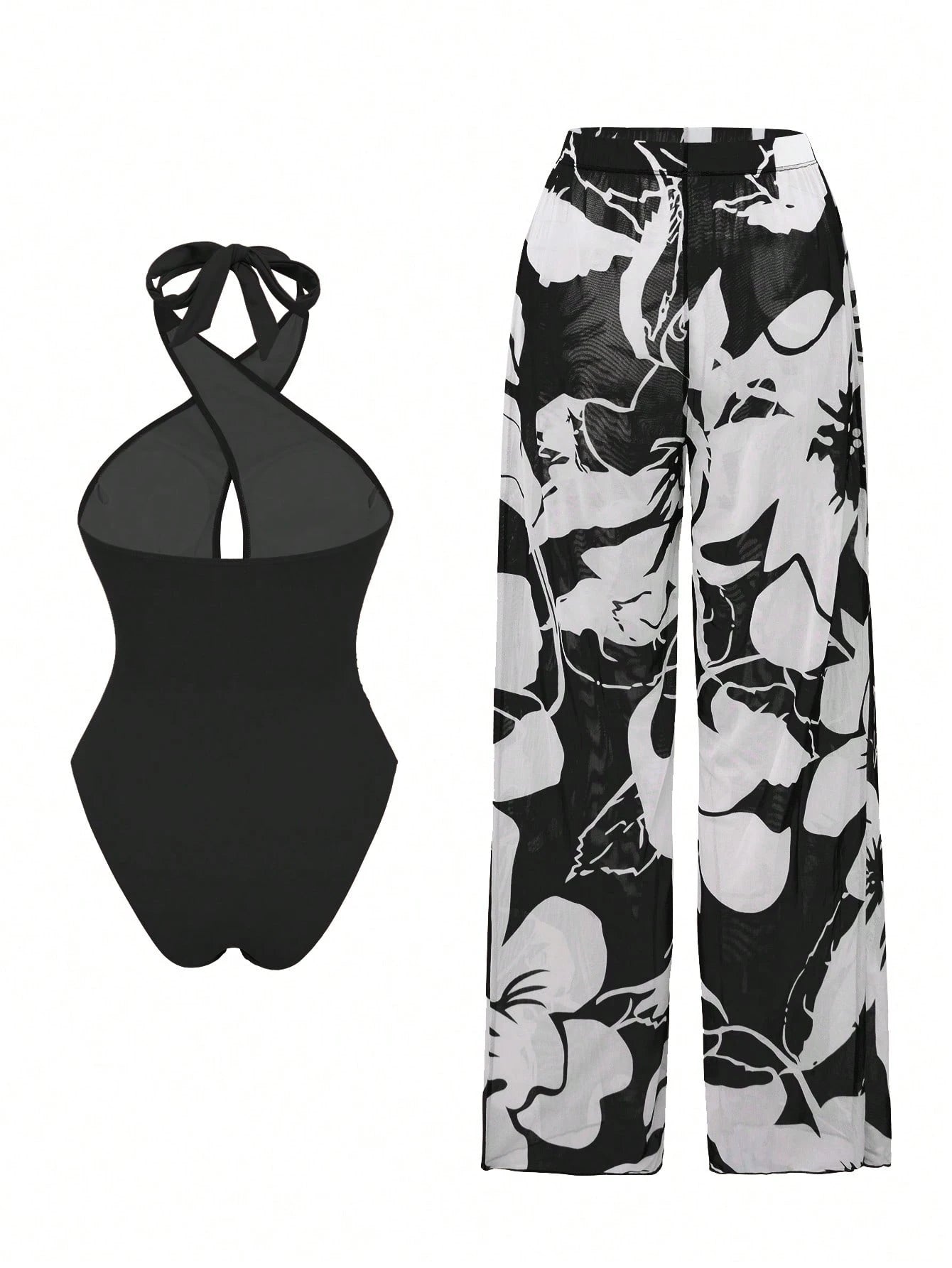 Swim Oasis New Arrival Solid Color Hollow Cross Halter One-Piece Swimsuit With Printed Cover-Up Skirt Beach Set For Women