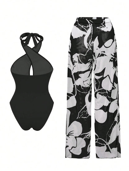 Swim Oasis New Arrival Solid Color Hollow Cross Halter One-Piece Swimsuit With Printed Cover-Up Skirt Beach Set For Women