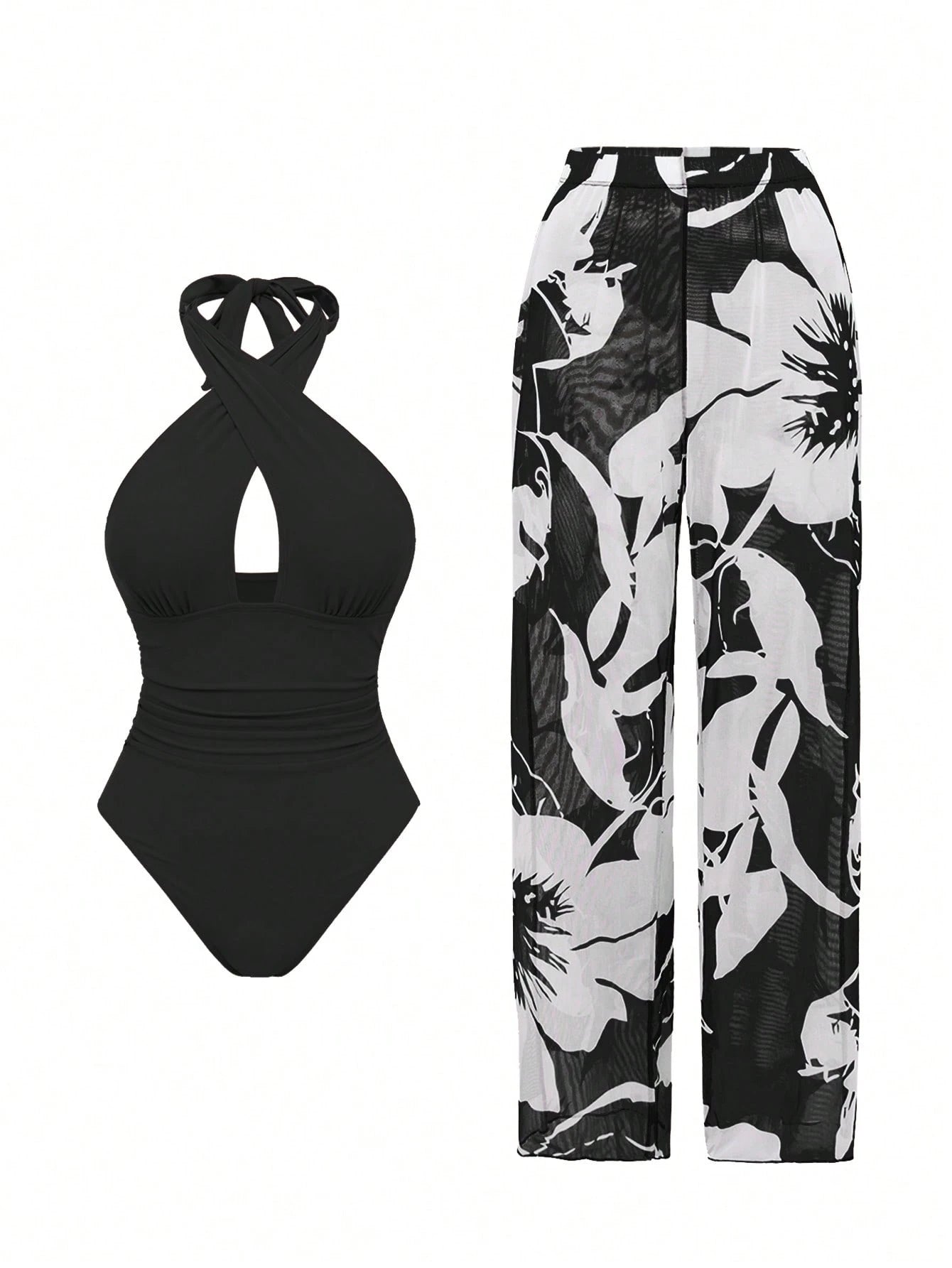 Swim Oasis New Arrival Solid Color Hollow Cross Halter One-Piece Swimsuit With Printed Cover-Up Skirt Beach Set For Women