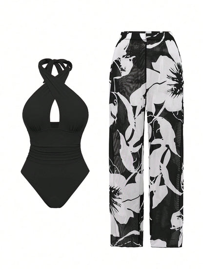 Swim Oasis New Arrival Solid Color Hollow Cross Halter One-Piece Swimsuit With Printed Cover-Up Skirt Beach Set For Women