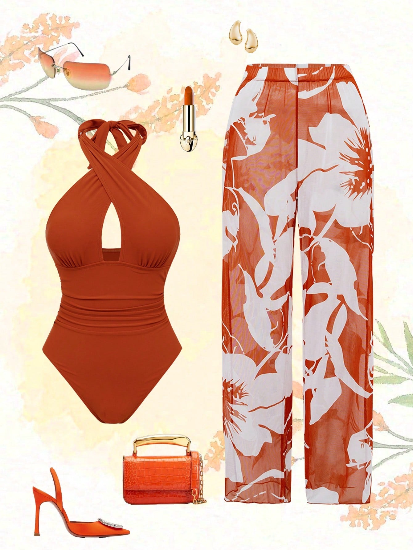 Swim Oasis New Arrival Solid Color Hollow Cross Halter One-Piece Swimsuit With Printed Cover-Up Skirt Beach Set For Women