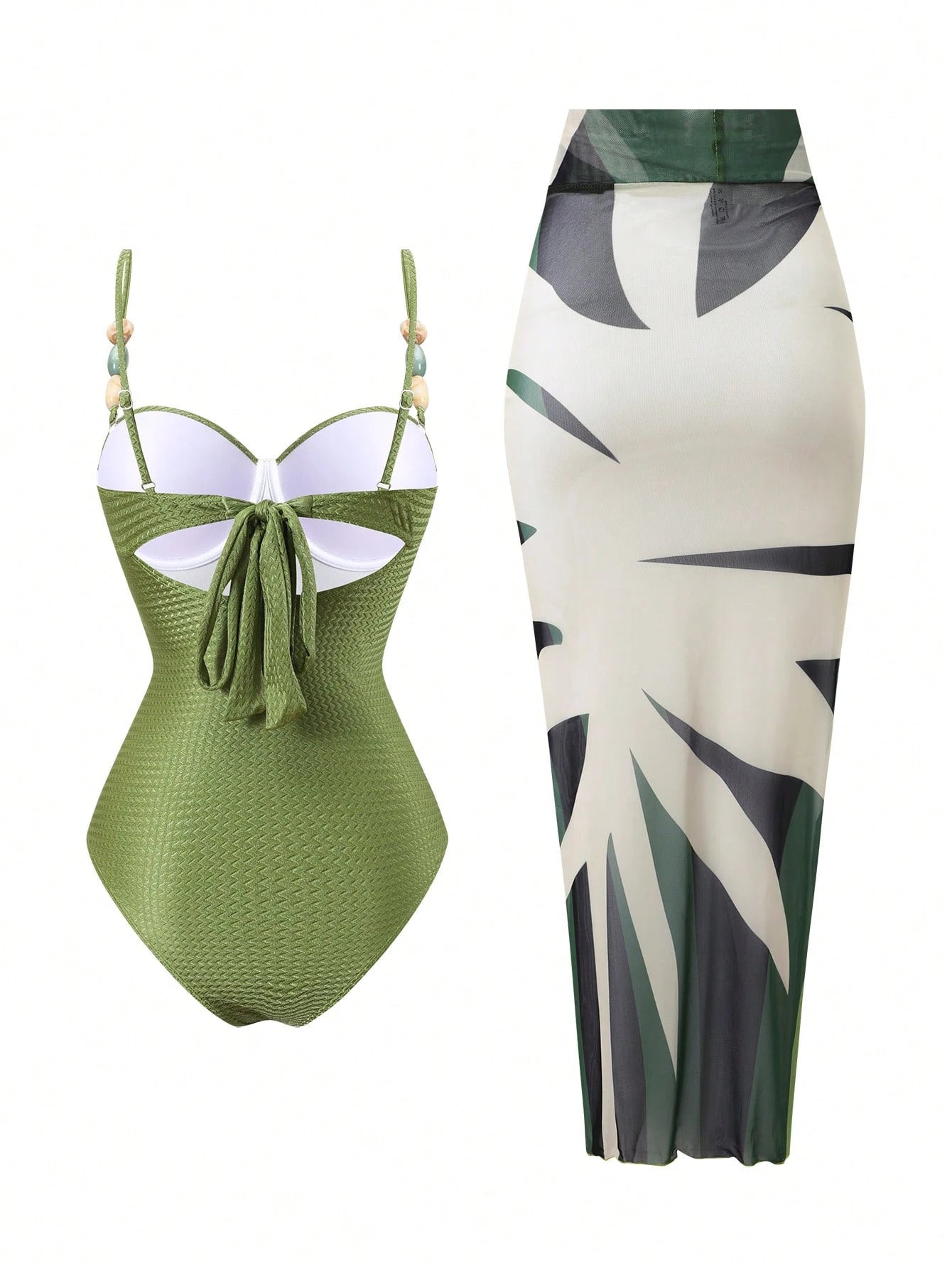 Swim Oasis Spring/Summer 2-Piece Set: Knit Jacquard Underwire Supportive Camisole Swimsuit & Long Digital Print Mesh Skirt Elegant Vacation Outfit