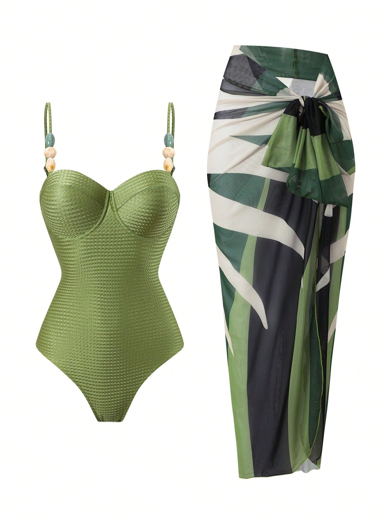 Swim Oasis Spring/Summer 2-Piece Set: Knit Jacquard Underwire Supportive Camisole Swimsuit & Long Digital Print Mesh Skirt Elegant Vacation Outfit