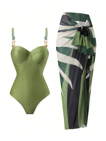 Swim Oasis Spring/Summer 2-Piece Set: Knit Jacquard Underwire Supportive Camisole Swimsuit & Long Digital Print Mesh Skirt Elegant Vacation Outfit
