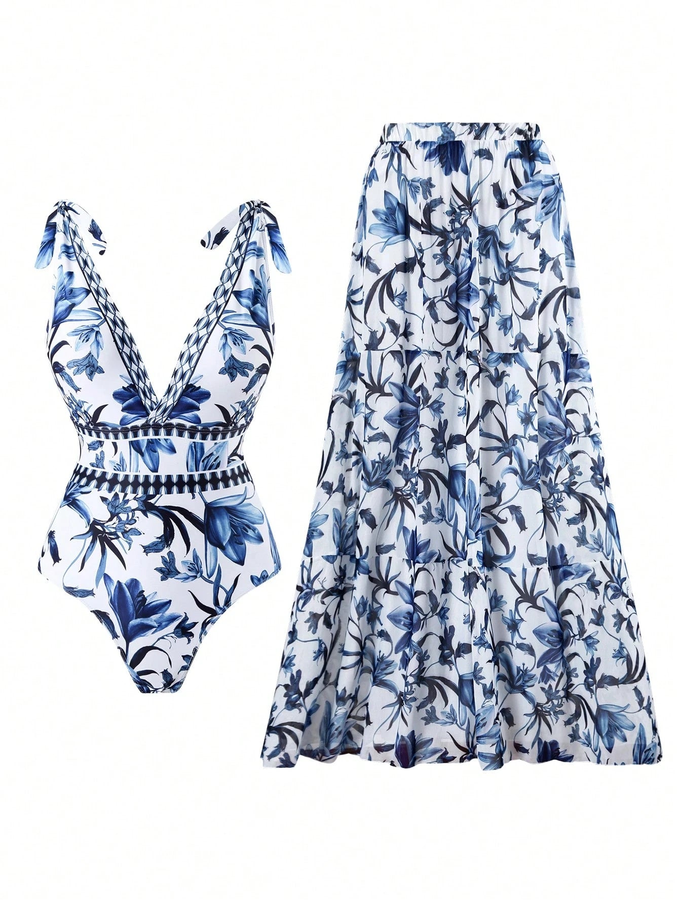 Swim Oasis V-Neck Blue Floral Print Halter Backless One-Piece Swimsuit With Sheer Skirt, High-End Summer Beach Outfit For Women