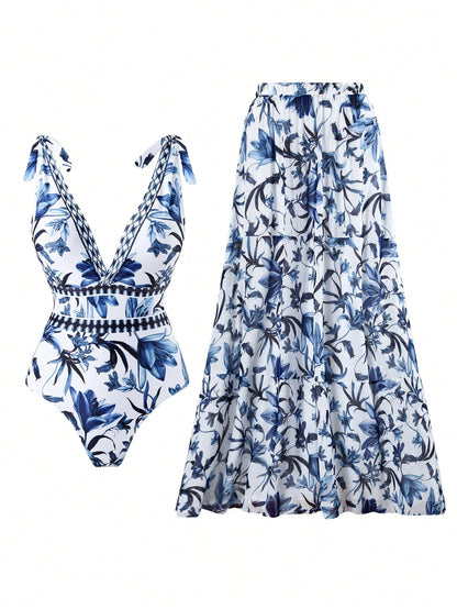 Swim Oasis V-Neck Blue Floral Print Halter Backless One-Piece Swimsuit With Sheer Skirt, High-End Summer Beach Outfit For Women