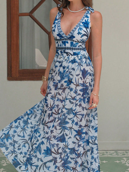 Swim Oasis V-Neck Blue Floral Print Halter Backless One-Piece Swimsuit With Sheer Skirt, High-End Summer Beach Outfit For Women