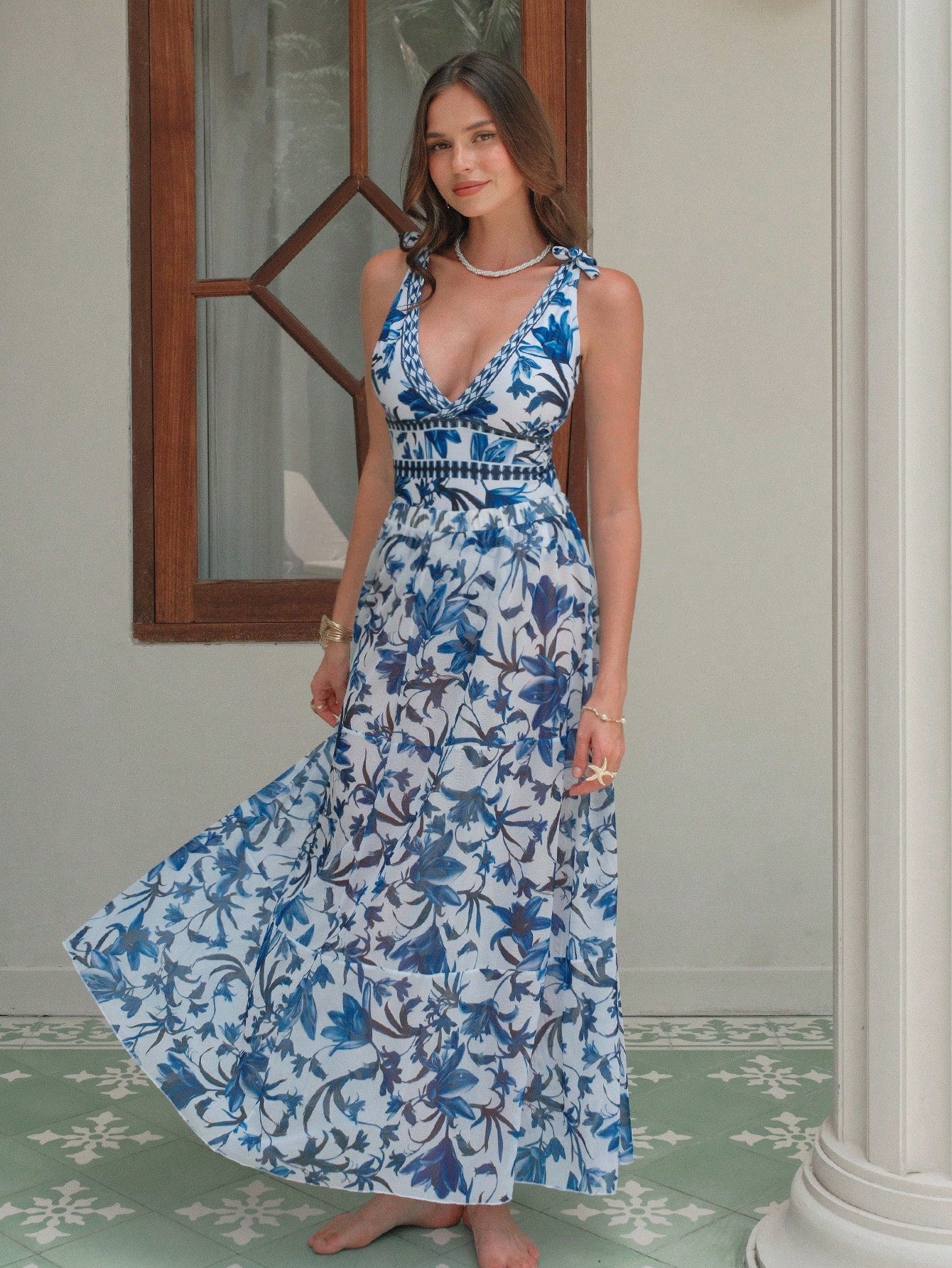Swim Oasis V-Neck Blue Floral Print Halter Backless One-Piece Swimsuit With Sheer Skirt, High-End Summer Beach Outfit For Women