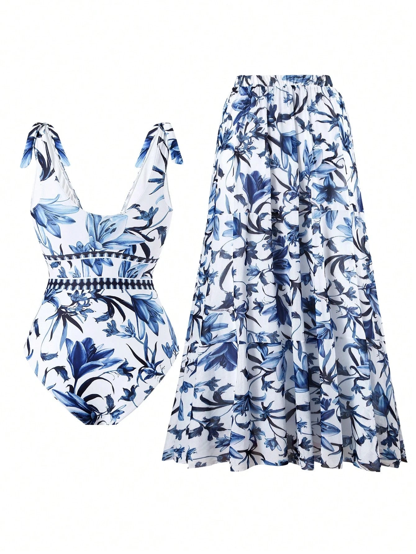 Swim Oasis V-Neck Blue Floral Print Halter Backless One-Piece Swimsuit With Sheer Skirt, High-End Summer Beach Outfit For Women