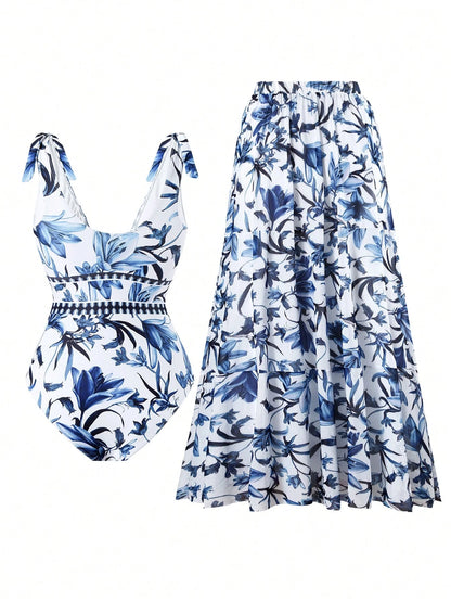 Swim Oasis V-Neck Blue Floral Print Halter Backless One-Piece Swimsuit With Sheer Skirt, High-End Summer Beach Outfit For Women