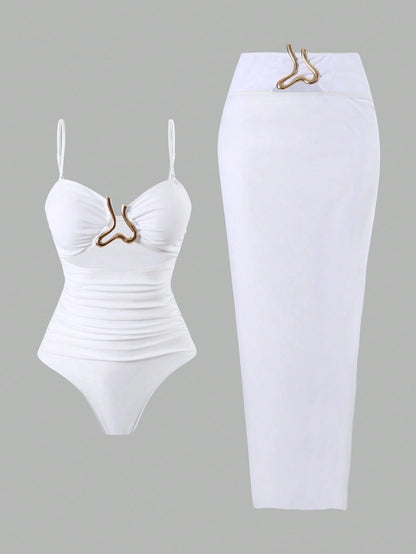Swim Oasis Women 2025 New Solid Color Strapless Hollow Out Swimsuit With Mesh Maxi Skirt, Beach Resort Summer Casual Set